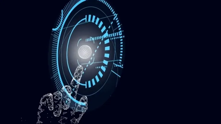 Wireframe digital hand touches a glowing blue holographic interface on a dark background.