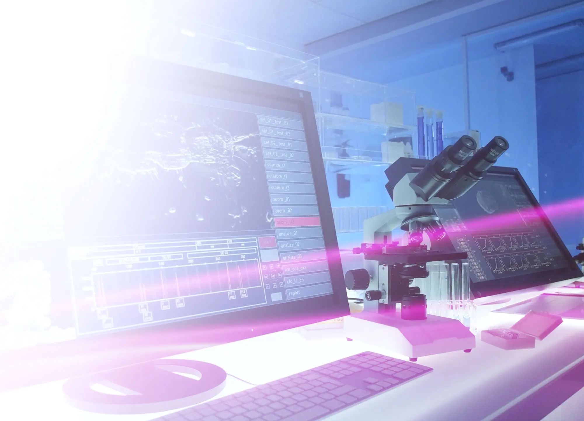 Digital laboratory workstation with a computer, microscope, and scientific equipment, glowing with pink light.